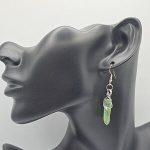 Green Aura Quartz Crystal Point Dangle Earrings 925 Sterling Silver Hooks